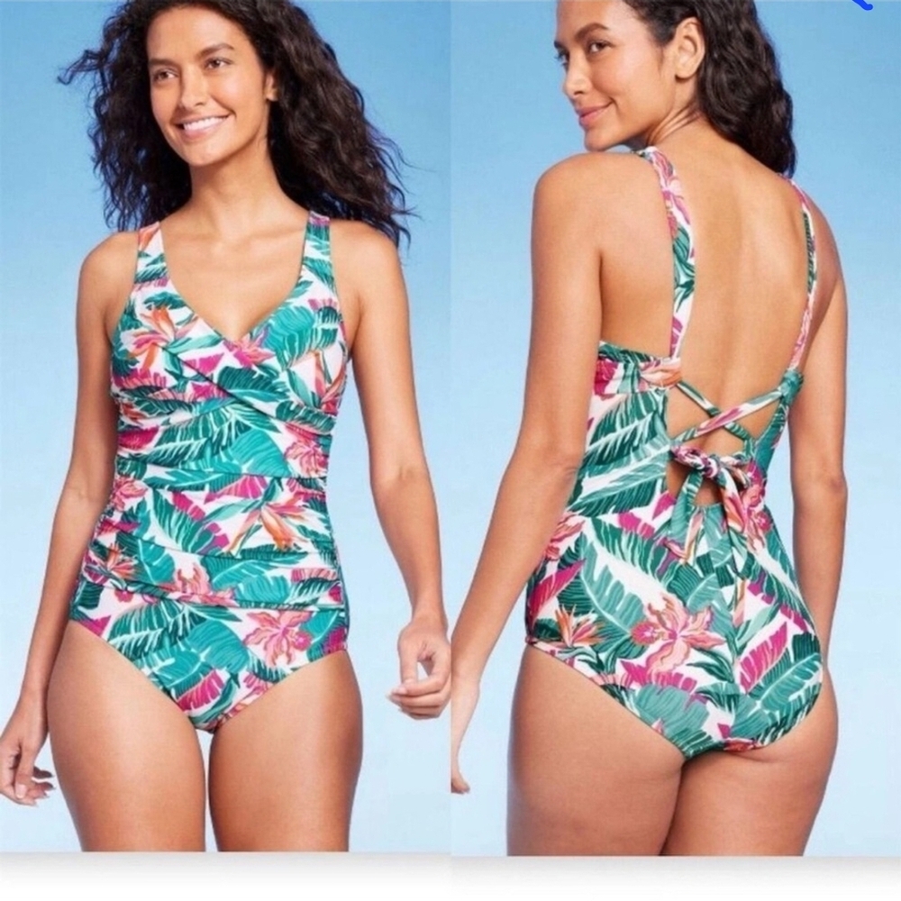 Kona Sol Tropical Print One Piece Swimsuit - Green and Pink